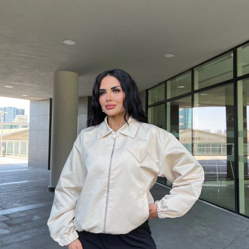 Fermuarlı Gömlek Yaka Bomber Ceket - Beyaz -