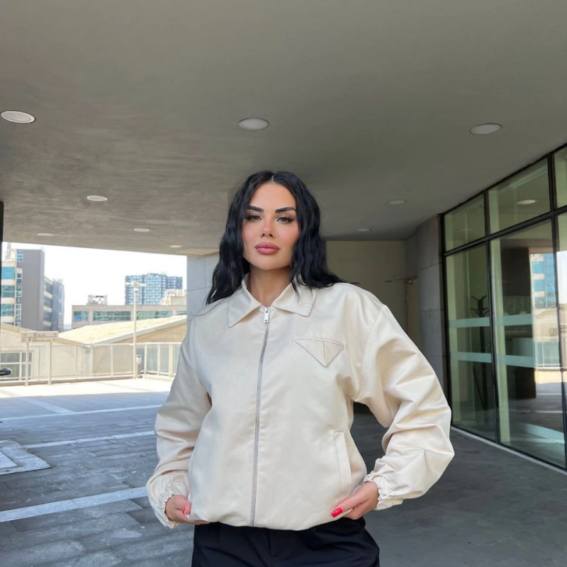 Fermuarlı Gömlek Yaka Bomber Ceket - Beyaz -