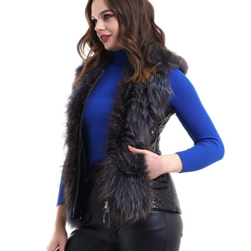 Fermuarlı Koyun Derisi Tilki Kürkü - Siyah -