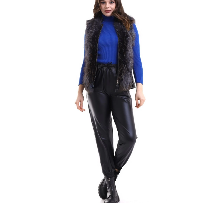 Fermuarlı Koyun Derisi Tilki Kürkü - Siyah -