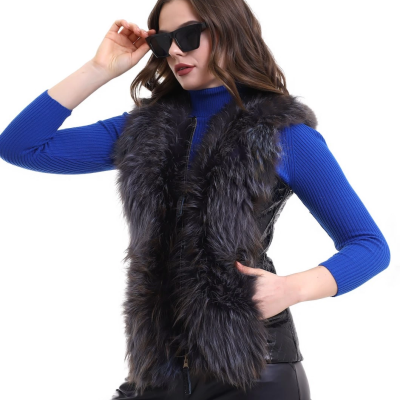 Fermuarlı Koyun Derisi Tilki Kürkü - Siyah -