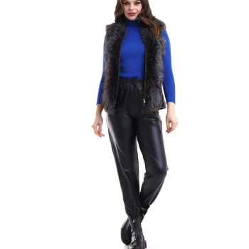 Fermuarlı Koyun Derisi Tilki Kürkü - Siyah -