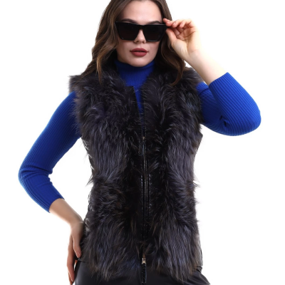 Fermuarlı Koyun Derisi Tilki Kürkü - Siyah -