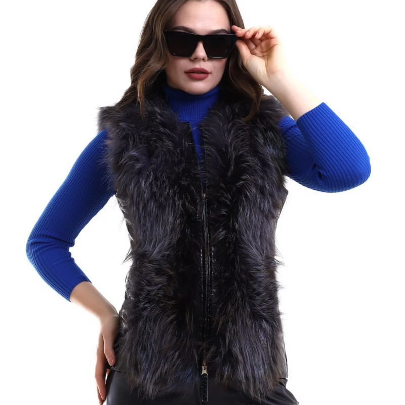 Fermuarlı Koyun Derisi Tilki Kürkü - Siyah -