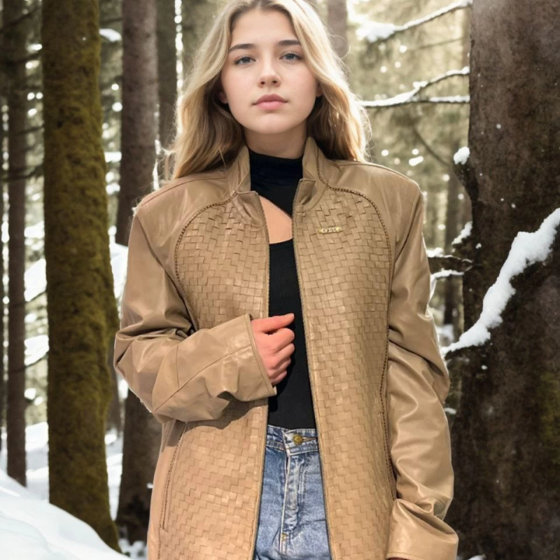 Fileli Deri Ceket - Krem -