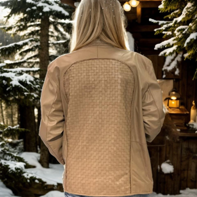 Fileli Deri Ceket - Krem -