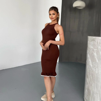 Fırfır Detaylı Triko Elbise- Kahverengi -