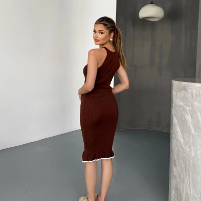 Fırfır Detaylı Triko Elbise- Kahverengi -