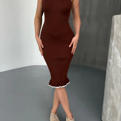 Fırfır Detaylı Triko Elbise- Kahverengi -