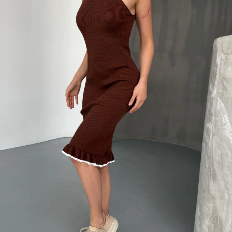 Fırfır Detaylı Triko Elbise- Kahverengi -