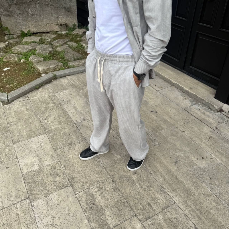 Fitilli Kadife Cepli Buggy Pantolon Oversize Rahat Kalıp - Gri