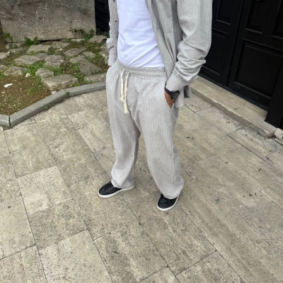 Fitilli Kadife Cepli Buggy Pantolon Oversize Rahat Kalıp - Gri