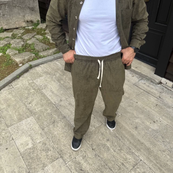 Fitilli Kadife Cepli Buggy Pantolon Oversize Rahat Kalıp - Haki