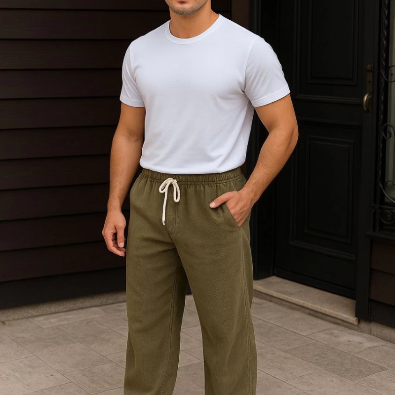 Fitilli Kadife Cepli Buggy Pantolon Oversize Rahat Kalıp - Haki