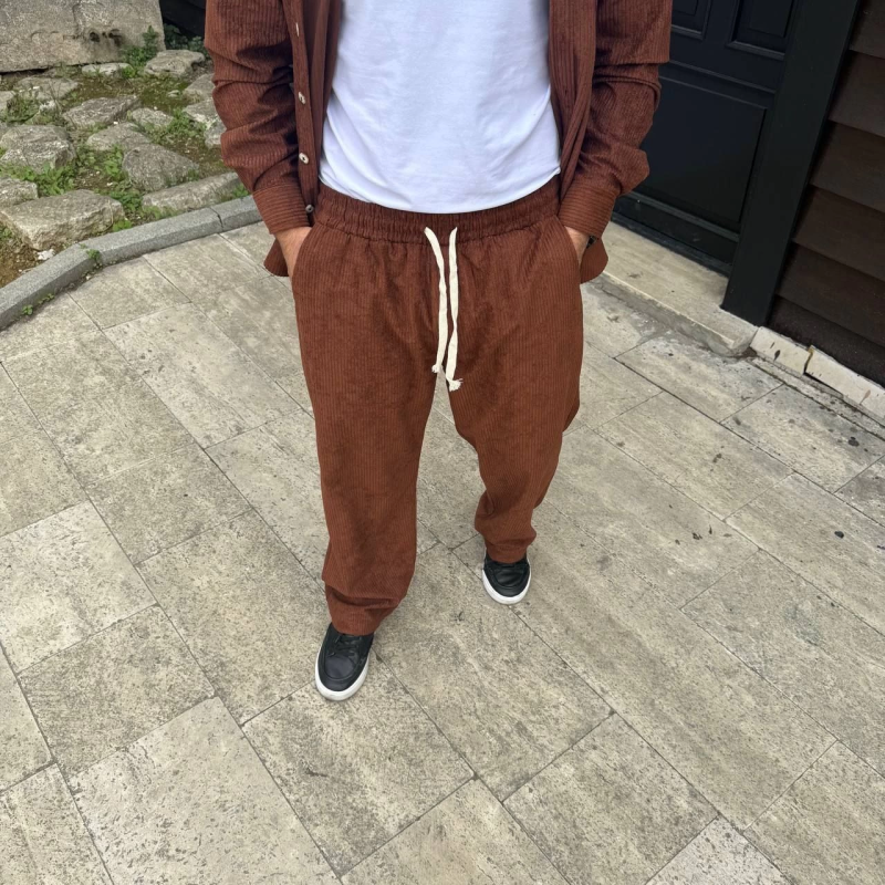 Fitilli Kadife Cepli Buggy Pantolon Oversize Rahat Kalıp - Kahverengi