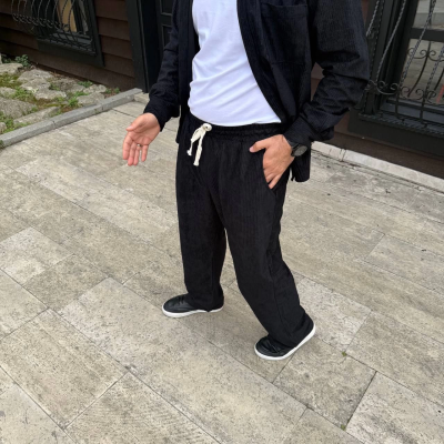 Fitilli Kadife Cepli Buggy Pantolon Oversize Rahat Kalıp - Siyah