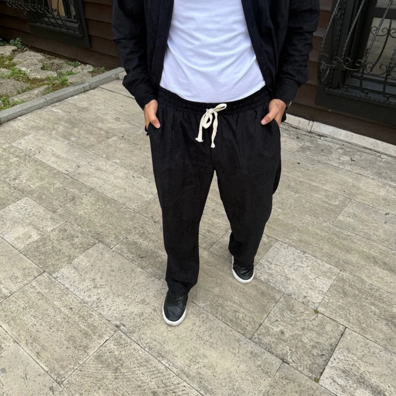 Fitilli Kadife Cepli Buggy Pantolon Oversize Rahat Kalıp - Siyah