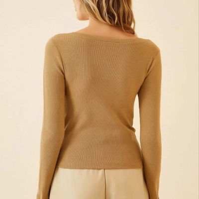 Fitilli Likralı Body Crop - Camel
