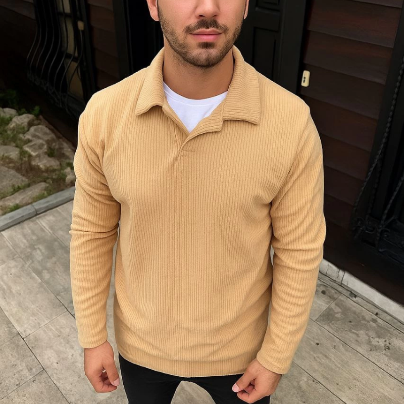 Fitilli Polar Sweatshirt – Düğmesiz Polo Yaka, Oversize Rahat Kalıp, Kalın Polar Kumaş, Kışlık ve Baharlık Şık Günlük Üst - Bej