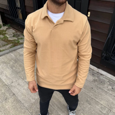 Fitilli Polar Sweatshirt – Düğmesiz Polo Yaka, Oversize Rahat Kalıp, Kalın Polar Kumaş, Kışlık ve Baharlık Şık Günlük Üst - Bej