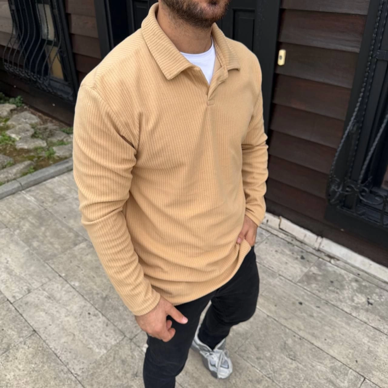 Fitilli Polar Sweatshirt – Düğmesiz Polo Yaka, Oversize Rahat Kalıp, Kalın Polar Kumaş, Kışlık ve Baharlık Şık Günlük Üst - Bej