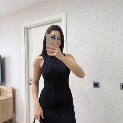 Fitilli Triko Elbise Kolsuz Sırtı Kapalı Maxi Uzun Boy - Siyah -