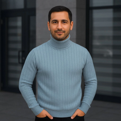 Fitilli Triko Kazak 2'li Set Bebek Mavisi Siyah Regular Balıkcı Yaka Tam Boğazlı Triko Seti Modeli Kazak