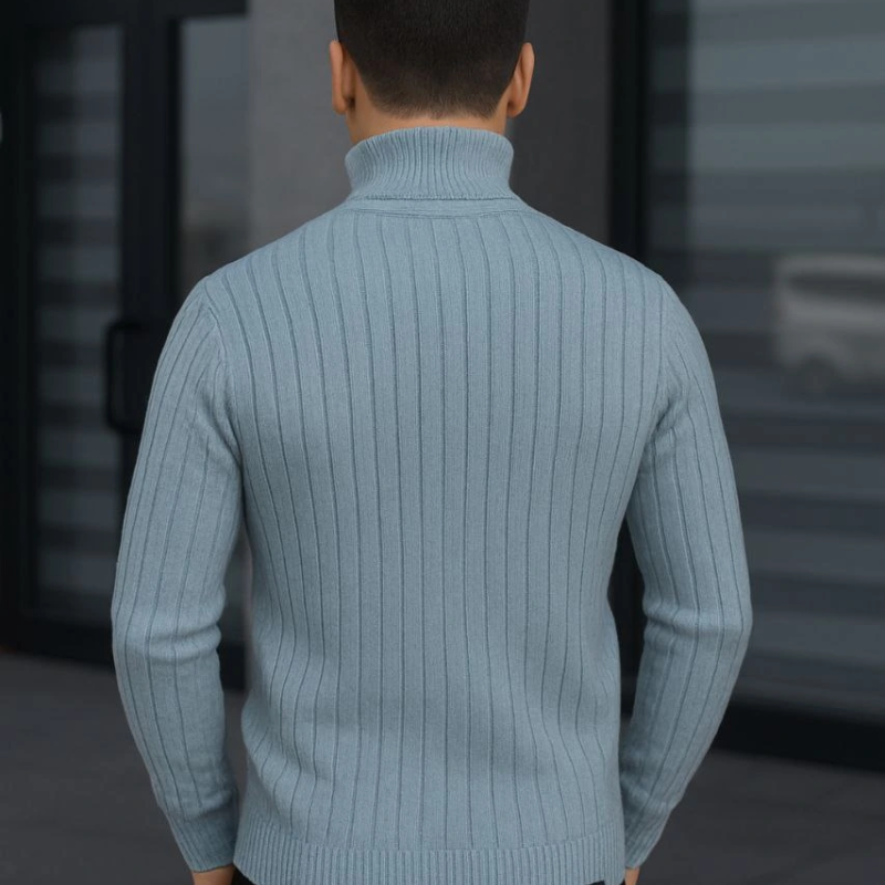 Fitilli Triko Kazak 2'li Set Bebek Mavisi Siyah Regular Balıkcı Yaka Tam Boğazlı Triko Seti Modeli Kazak