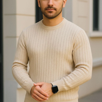 Fitilli Triko Kazak 2’li Set – Bej  Beyaz, Kalın Dokuma Pamuklu Regular Fit Bisiklet Yaka Uzun Kollu Rahat Kışlık Kazak Kombini