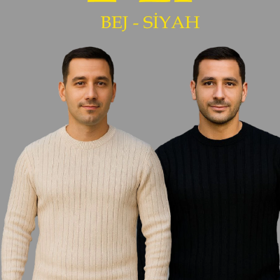 Fitilli Triko Kazak 2’li Set – Bej  Beyaz, Kalın Dokuma Pamuklu Regular Fit Bisiklet Yaka Uzun Kollu Rahat Kışlık Kazak Kombini