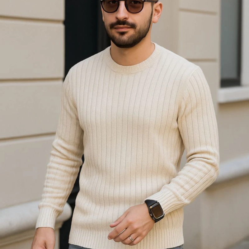 Fitilli Triko Kazak 2’li Set – Bej  Beyaz, Kalın Dokuma Pamuklu Regular Fit Bisiklet Yaka Uzun Kollu Rahat Kışlık Kazak Kombini