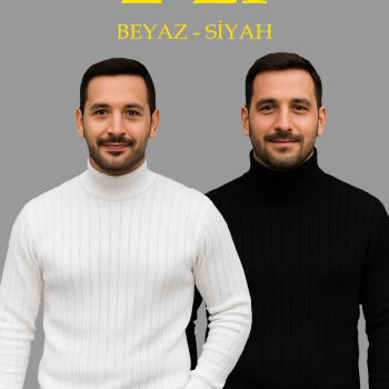 Fitilli Triko Kazak 2'li Set Beyaz Siyah Regular Balıkcı Yaka Tam Boğazlı Triko Seti Modeli Kazak