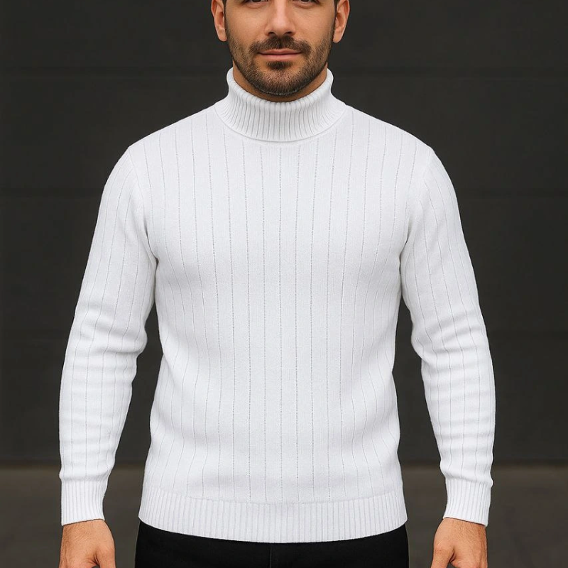 Fitilli Triko Kazak 2'li Set Beyaz Siyah Regular Balıkcı Yaka Tam Boğazlı Triko Seti Modeli Kazak