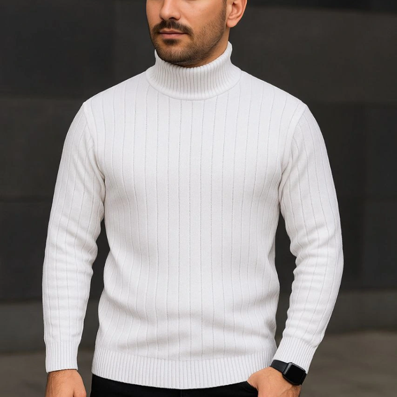 Fitilli Triko Kazak 2'li Set Beyaz Siyah Regular Balıkcı Yaka Tam Boğazlı Triko Seti Modeli Kazak