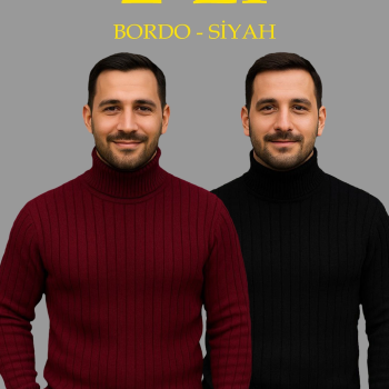 Fitilli Triko Kazak 2'li Set Bordo Siyah Regular Balıkcı Yaka Tam Boğazlı Triko Seti Modeli Kazak