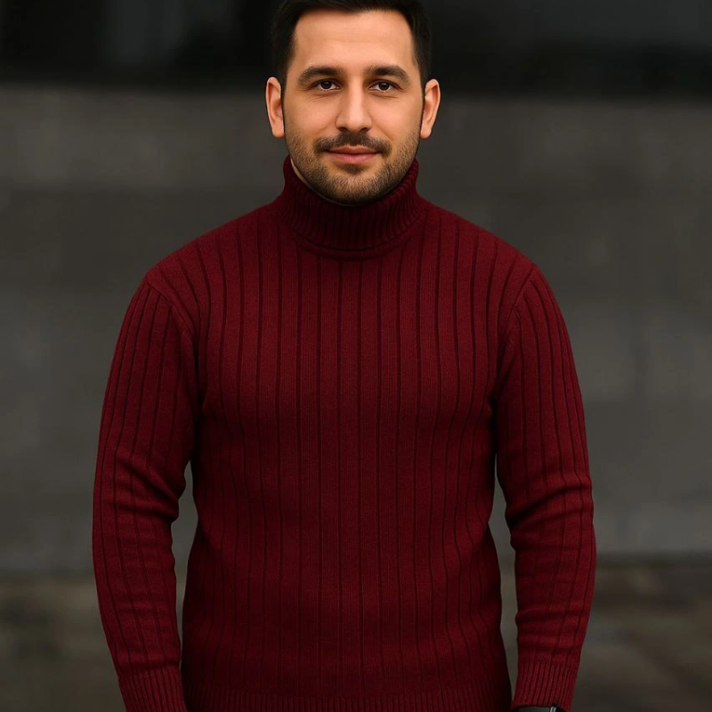 Fitilli Triko Kazak 2'li Set Bordo Siyah Regular Balıkcı Yaka Tam Boğazlı Triko Seti Modeli Kazak