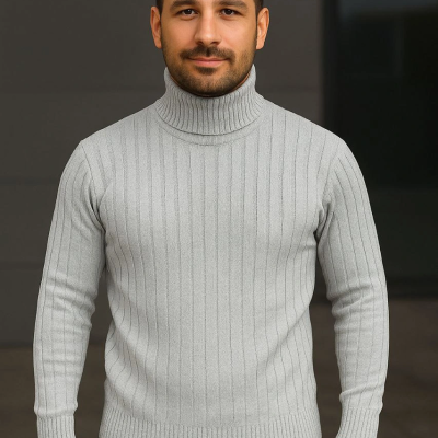 Fitilli Triko Kazak 2'li Set Gri Siyah Regular Balıkcı Yaka Tam Boğazlı Triko Seti Modeli Kazak