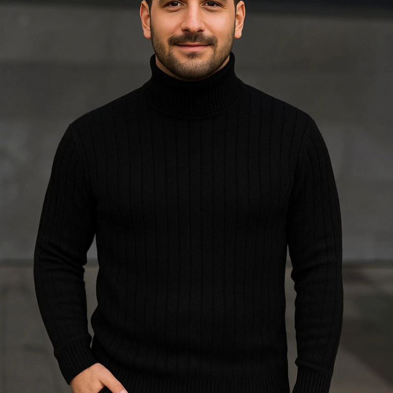 Fitilli Triko Kazak 2'li Set Gri Siyah Regular Balıkcı Yaka Tam Boğazlı Triko Seti Modeli Kazak