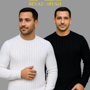 Fitilli Triko Kazak 2’li Set – Siyah  Beyaz, Kalın Dokuma Pamuklu Regular Fit Bisiklet Yaka Uzun Kollu Rahat Kışlık Kazak Kombini