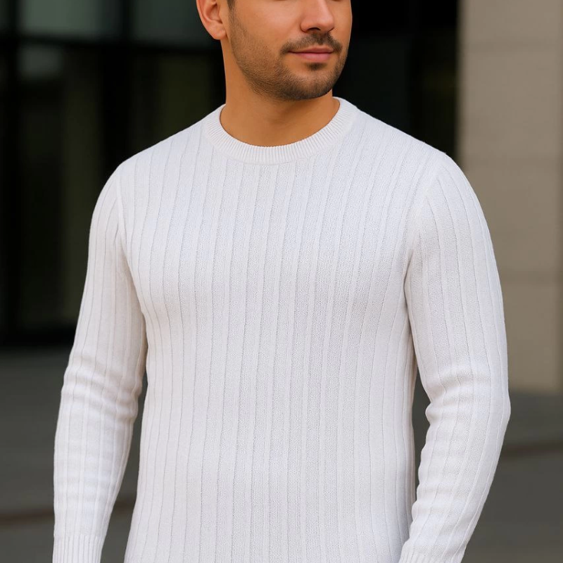 Fitilli Triko Kazak 2’li Set – Siyah  Beyaz, Kalın Dokuma Pamuklu Regular Fit Bisiklet Yaka Uzun Kollu Rahat Kışlık Kazak Kombini