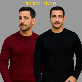Fitilli Triko Kazak 2’li Set – Siyah  Bordo, Kalın Dokuma Pamuklu Regular Fit Bisiklet Yaka Uzun Kollu Rahat Kışlık Kazak Kombini