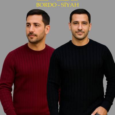 Fitilli Triko Kazak 2’li Set – Siyah  Bordo, Kalın Dokuma Pamuklu Regular Fit Bisiklet Yaka Uzun Kollu Rahat Kışlık Kazak Kombini