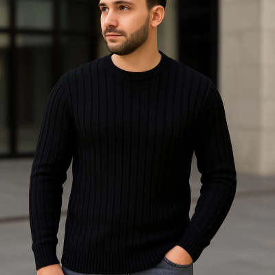 Fitilli Triko Kazak 2’li Set – Siyah  Haki, Kalın Dokuma Pamuklu Regular Fit Bisiklet Yaka Uzun Kollu Rahat Kışlık Kazak Kombini