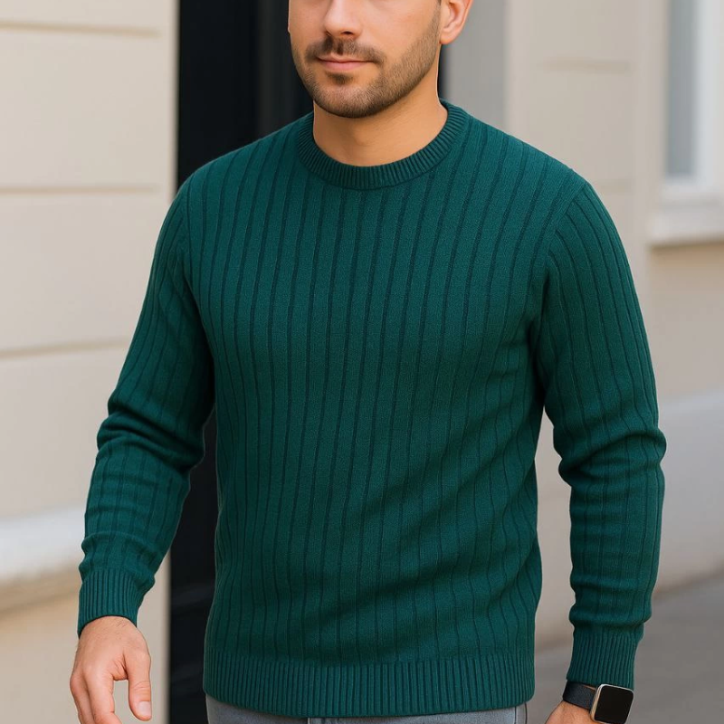 Fitilli Triko Kazak 2’li Set – Siyah  Haki, Kalın Dokuma Pamuklu Regular Fit Bisiklet Yaka Uzun Kollu Rahat Kışlık Kazak Kombini