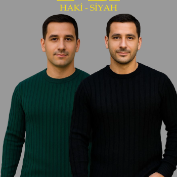 Fitilli Triko Kazak 2’li Set – Siyah  Haki, Kalın Dokuma Pamuklu Regular Fit Bisiklet Yaka Uzun Kollu Rahat Kışlık Kazak Kombini