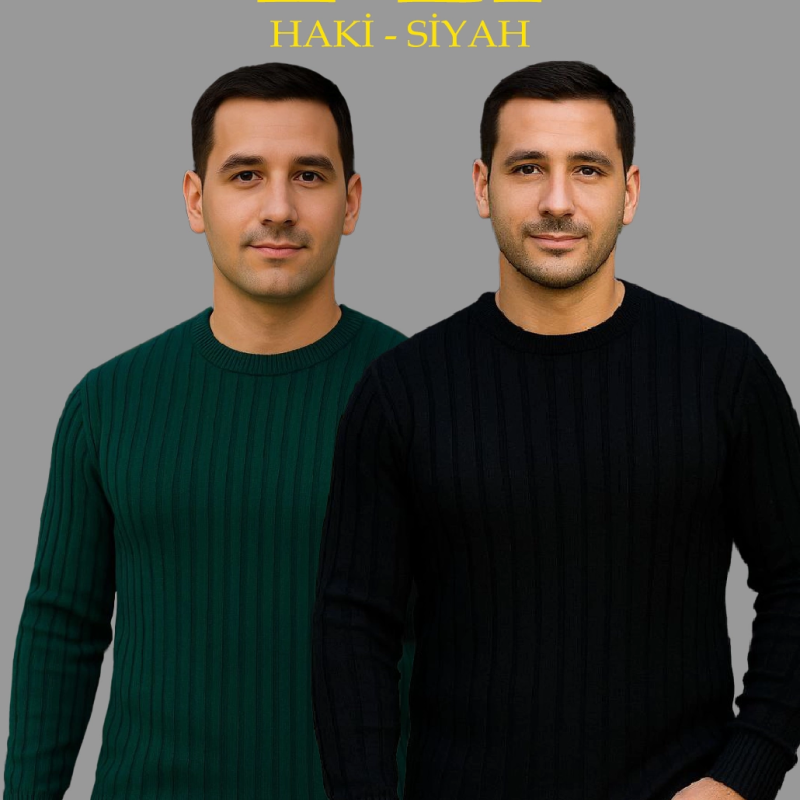 Fitilli Triko Kazak 2’li Set – Siyah  Haki, Kalın Dokuma Pamuklu Regular Fit Bisiklet Yaka Uzun Kollu Rahat Kışlık Kazak Kombini