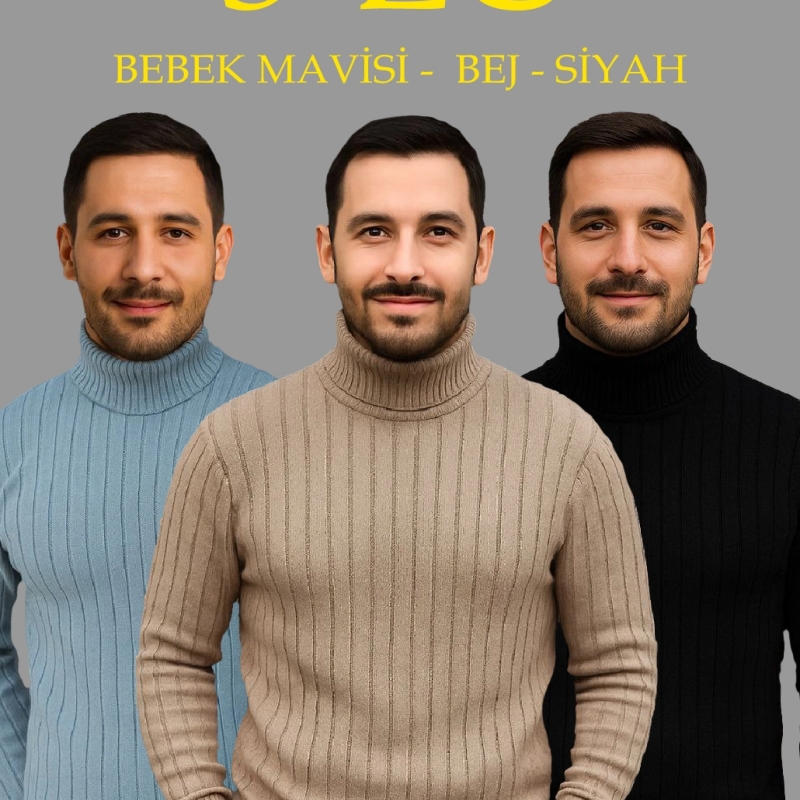 Fitilli Triko Kazak 3'lÜ Set Bebek Mavisi Bej Siyah Regular Balıkcı Yaka Tam Boğazlı Triko Seti Modeli Kazak