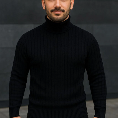 Fitilli Triko Kazak 3'lÜ Set Bebek Mavisi Bej Siyah Regular Balıkcı Yaka Tam Boğazlı Triko Seti Modeli Kazak