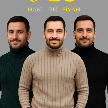 Fitilli Triko Kazak 3'lÜ Set Bej Haki Siyah Regular Balıkcı Yaka Tam Boğazlı Triko Seti Modeli Kazak