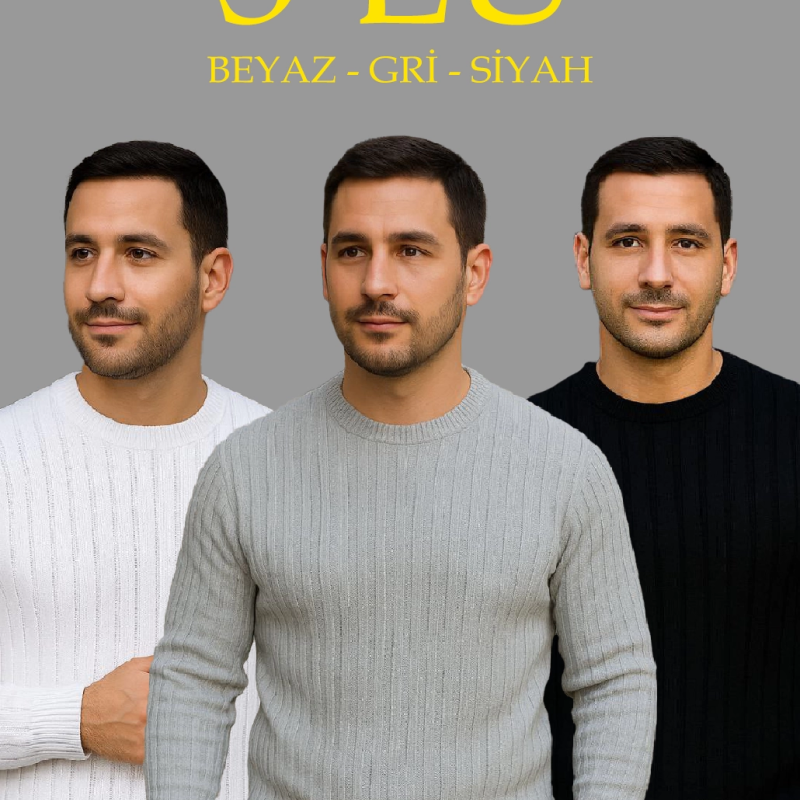 Fitilli Triko Kazak 3’lü Set – Beyaz, Gri, Siyah | Kalın Dokuma Pamuklu Regular Fit Bisiklet Yaka Uzun Kollu Kışlık ve Baharlık Rahat Triko Kombini